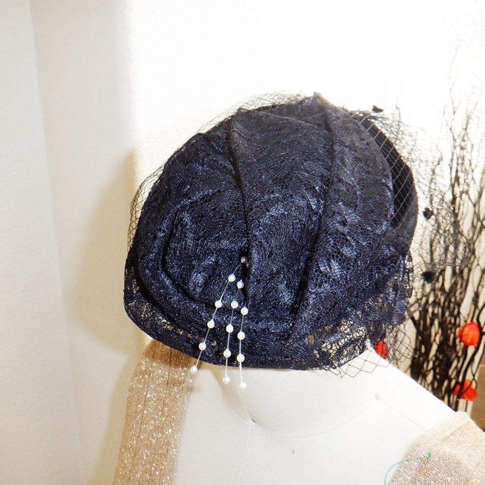 Black lace cocktail church funeral hat with veil faux pearls